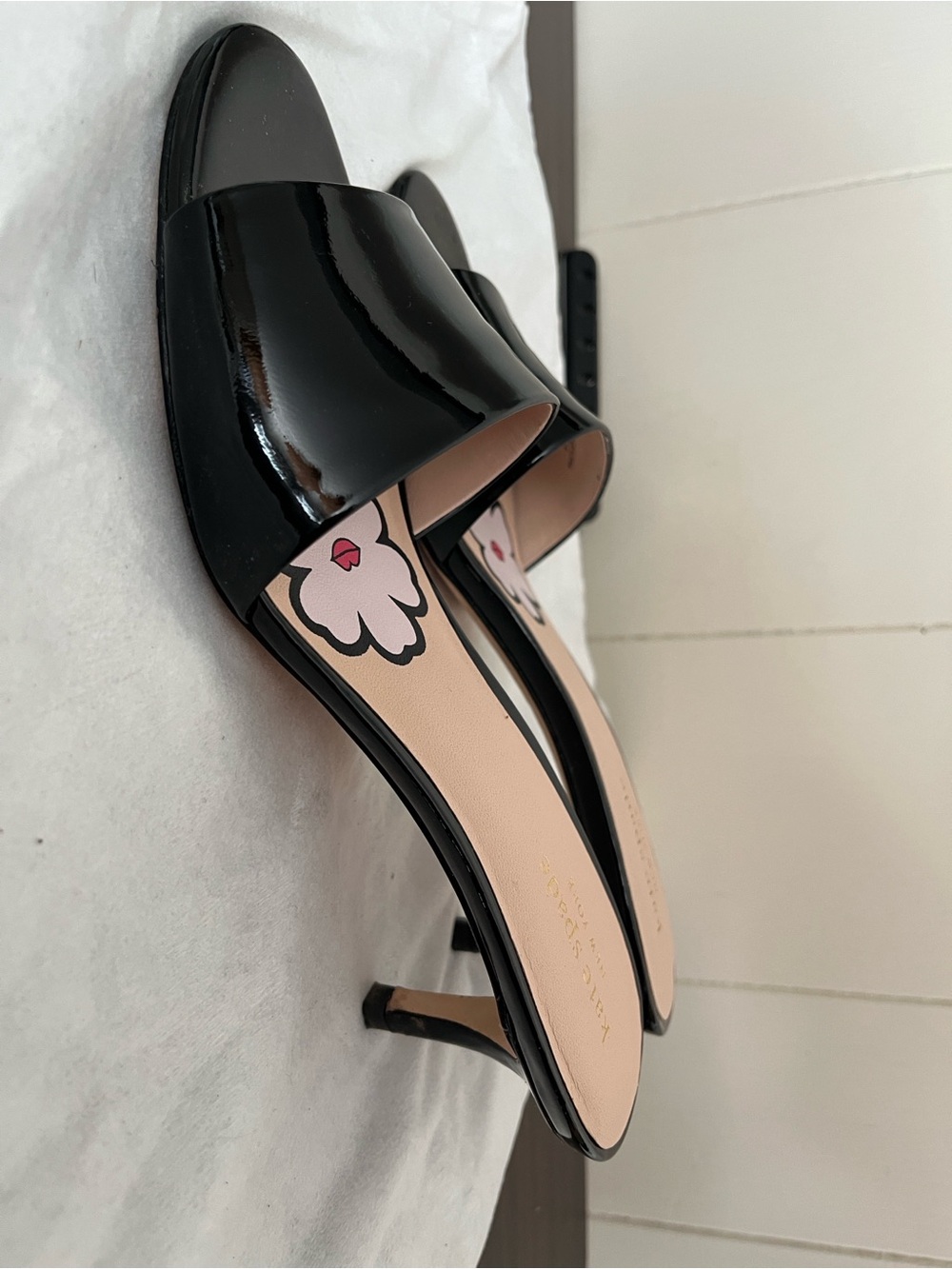 kate spade Black Patent Slide Mules with Pink Floral Insole - Picture 4 of 5